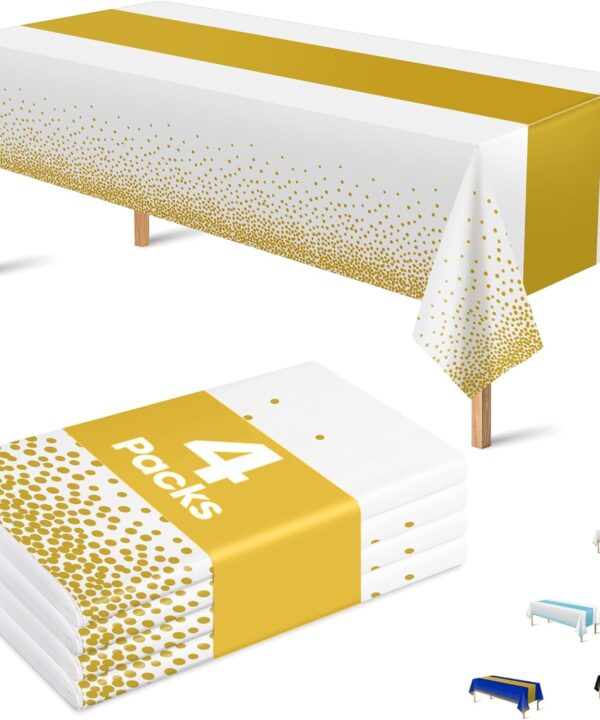 OHOME 4 Pack Disposable Plastic Table Cloths for Parties,White and Gold Rectangle Table Covers for Fall Decor Wedding Bridal Shower Birthday | Baptism Friendsgiving New Years Decorations 54" x 108"
