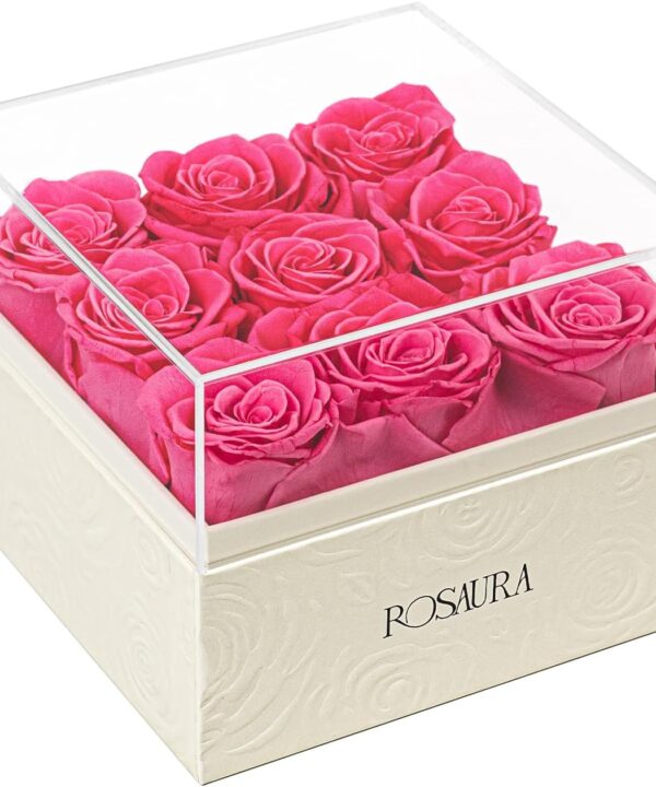 Rosaura Square Preserved Roses Gift Box - Real Forever Flowers in Clear Acrylic Lid, Christmas, Valentine's for Women (Pink, 9 Roses)