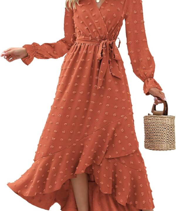 BTFBM Long Sleeve Maxi Dresses for Women Swiss Dot Boho Flowy Slit Cocktail Wedding Guest Dress Spring Clothes 2026