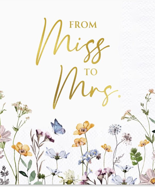 Audree 50 Pack Gold Foil Floral Miss to Mrs Napkins 3-Ply (5x5") - Wildflower Bridal Shower Decorations - Paper Napkins for Wedding, Engagement, and Bridal Shower Party
