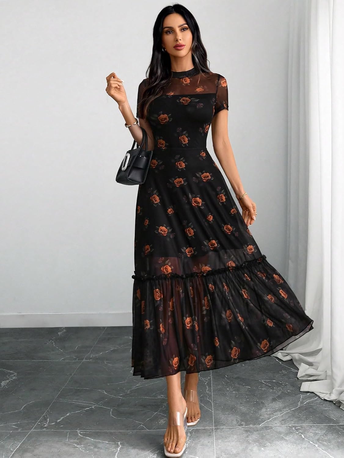 GothDark Womens Summer Floral Mesh Ruffle Dress Short Sleeve Round Neck Waist Cinched Casual Maxi Wedding Guest Dresses
