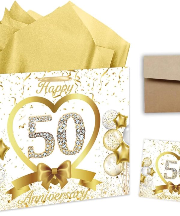 GOLDCROW White Gold 50th Wedding Anniversary Paper Gift Bag Large Happy 50th Anniversary Party Gift Wrapping Bag with Tissue Papers and Card 50th Wedding Anniversary Party Decorations