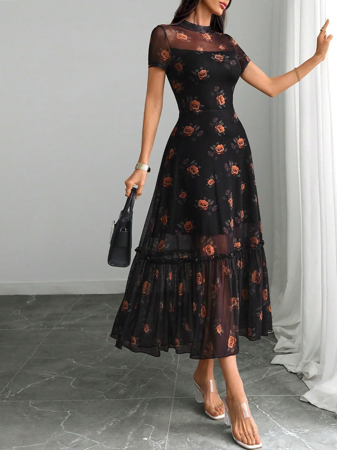 GothDark Womens Summer Floral Mesh Ruffle Dress Short Sleeve Round Neck Waist Cinched Casual Maxi Wedding Guest Dresses