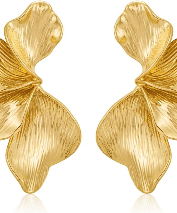 Chunky Gold Statement Earrings For Women Gold Plated Sectored Flower Leaf Shell Angel Wing Earrings Trendy Boho Jewelry For Women Large Stud Earrings Hypoallergenic Earrings