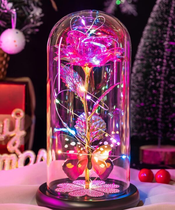 Valentines Day Rose Gifts for Her Women Birthday Gift Galaxy Glass Rose in Glass Dome Forever Eternal Crystal Flowers with Butterfly Valentines Day Gifts for Women Daughter Mom Wife Girlfriend Pink