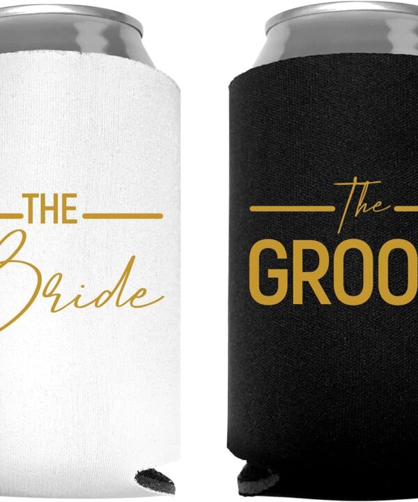 Bride and Groom Can Coolers - 1 White and 1 Black Beer Coolie, Perfect Wedding, Engagement, or Bridal Shower Gift