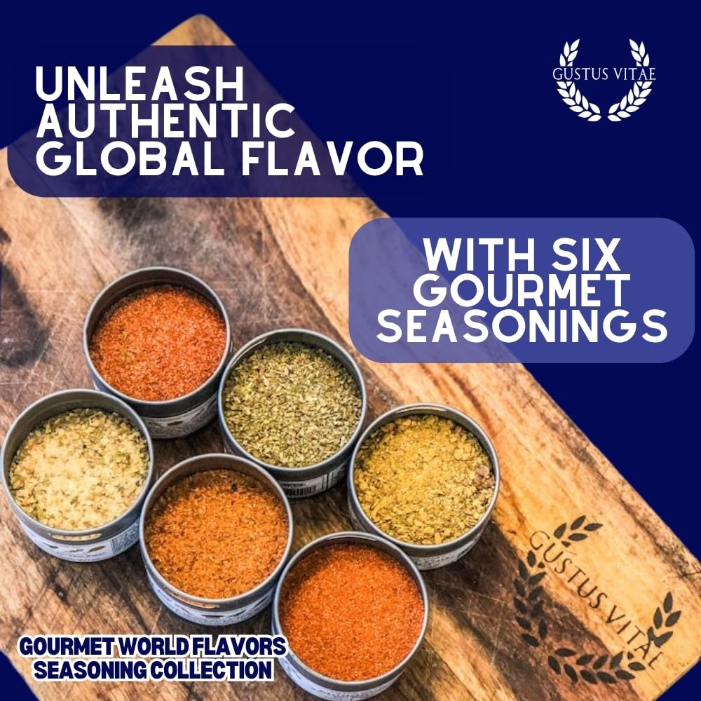 Gourmet World Flavors Seasoning Collection | Non GMO Verified | 6 Magnetic Tins | Spice Blends | Crafted in Small Batches by Gustus Vitae | #68