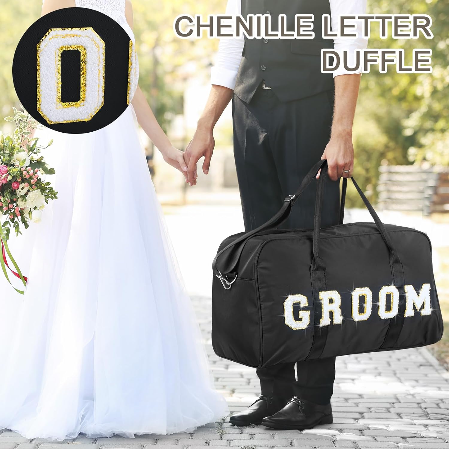 2 Pcs Wedding Weekender Bag Bride Groom Duffle Bag Chenille Letter Patch Travel for Bridal Shower Honeymoon Gift(Groom,Black)