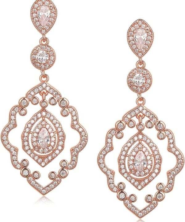 SWEETV Chandelier Wedding Earrings Rose Gold Bridal Earrings for Women Brides-Art Deco Drop Dangle Earrings