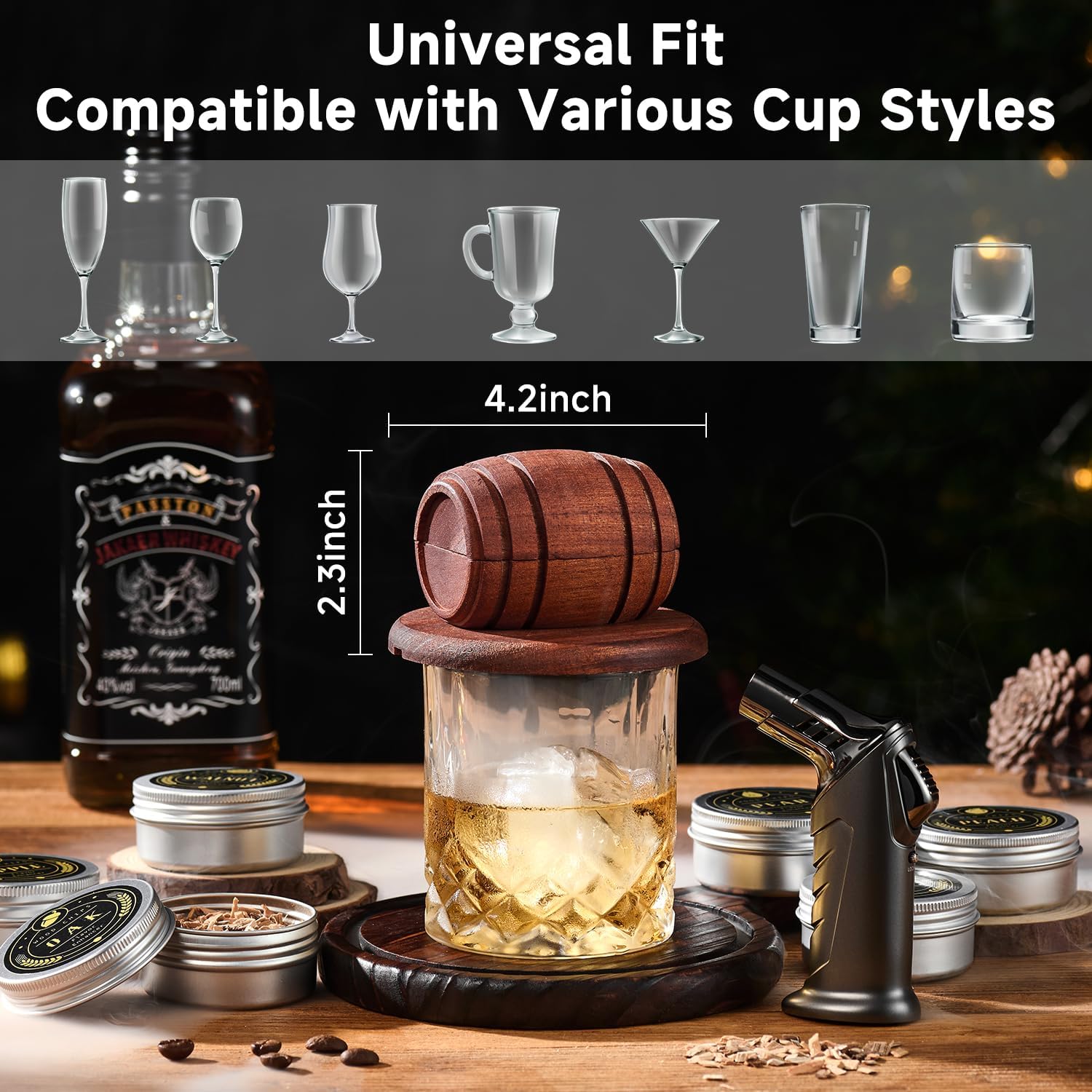 Whiskey Smoker Kit with Torch – 6 Flavors Wood Chips, 2 Glasses, 2 Ice Ball Molds – Cocktail Smoker Infuser Kit, Old Fashioned Drink Smoker Kit, Birthday Bourbon Whiskey Gifts for Men,Dad(NO Butane)