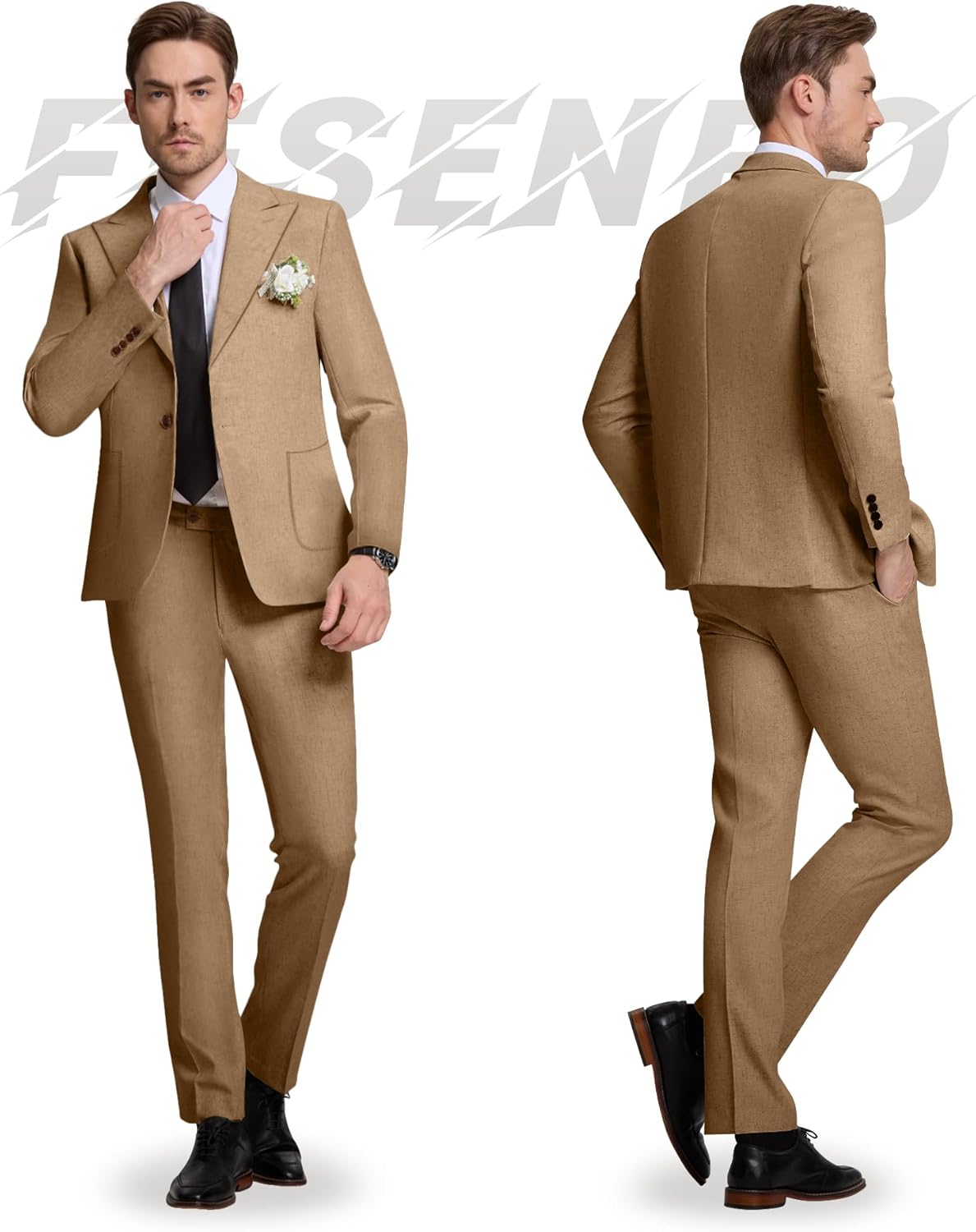 Mens Linen Suit Slim Fit 2 Piece Summer Beach Wedding Suits Peak Lapel Casual Blazer Pants Set for Prom Tuxedo