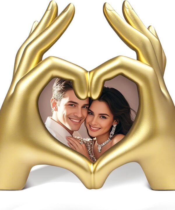 OOWDN Gold Heart Shaped Picture Frame, Heart Hands Sculpture with Photo Display, Unique Statue for Room Table Decor, Romantic Wedding Anniversary Xmas Gifts for Women, Wife, Couples (6.3"x1.7"x5.9")