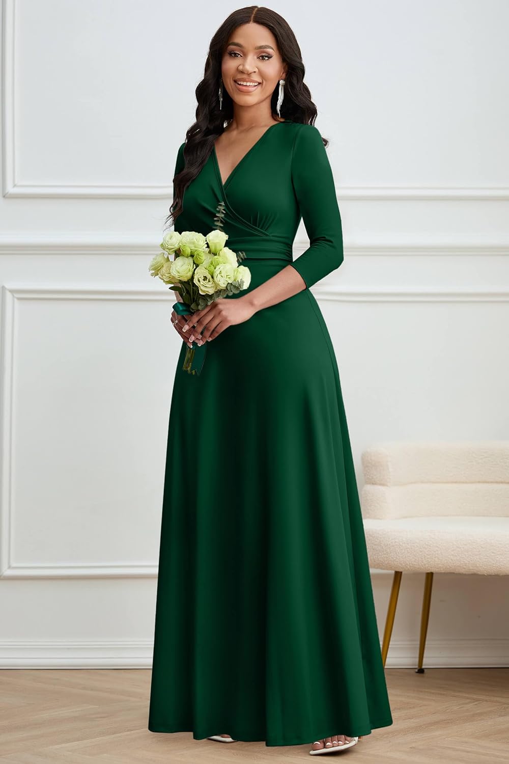 CLOCOR Maxi Dress for Women Long Formal Short Sleeve A Line V Neck Dresses Wedding Guest High Waist Elegant