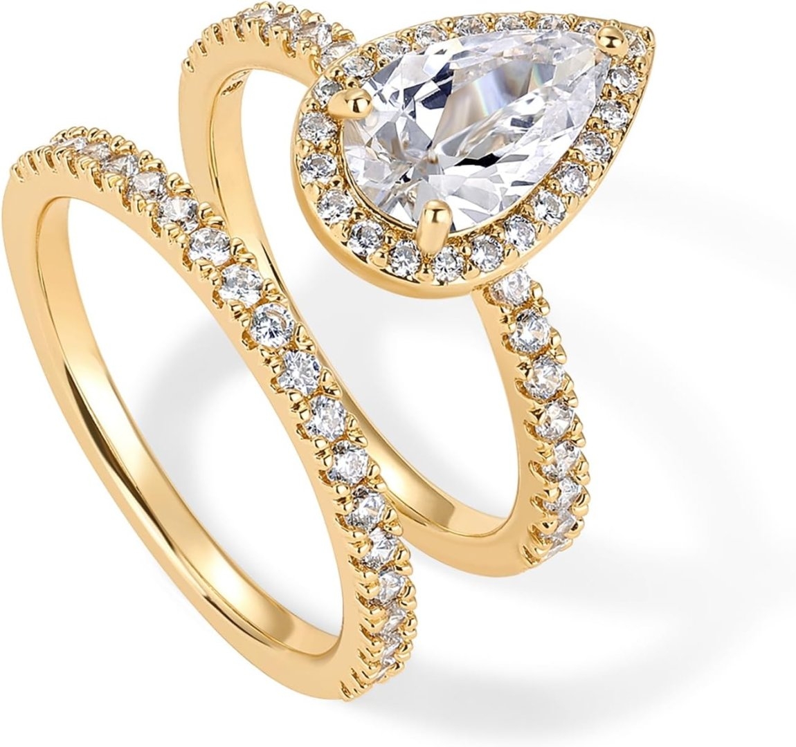 PAVOI 14K Gold Plated 1.7CT Pear Cubic Zirconia Eternity Engagement Ring Promise Ring Set for Women – Hidden Halo