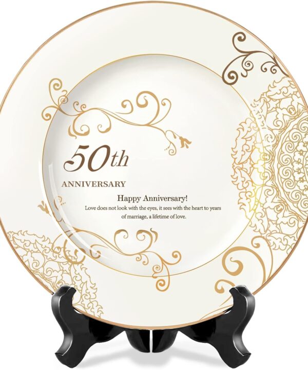 50th Anniversary Wedding Gifts for Couple/Parents/Grandparents, 50th Golden Presents for Marriage, Gold Porcelain Keepsake Plate with Stand, 10 inch