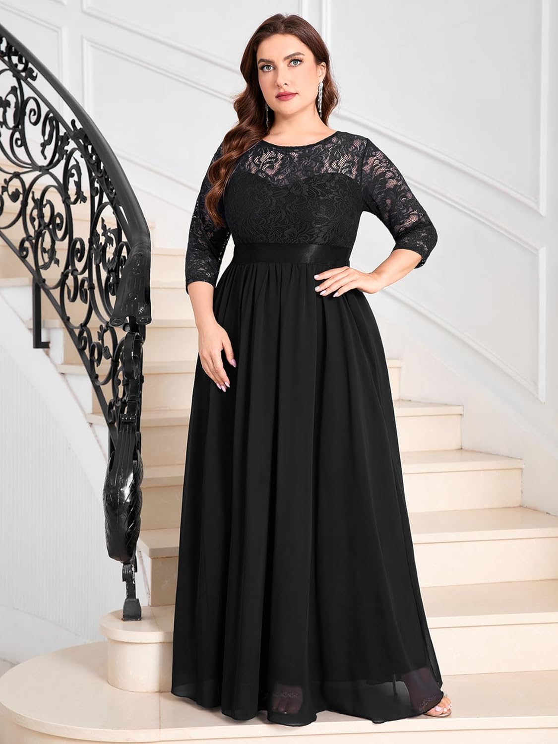 CYCLAMEN Plus Size Formal Lace Chiffon Dress Elegant 3/4 Sleeves Maxi Evening Gown Wedding Bridesmaid Party Dresses