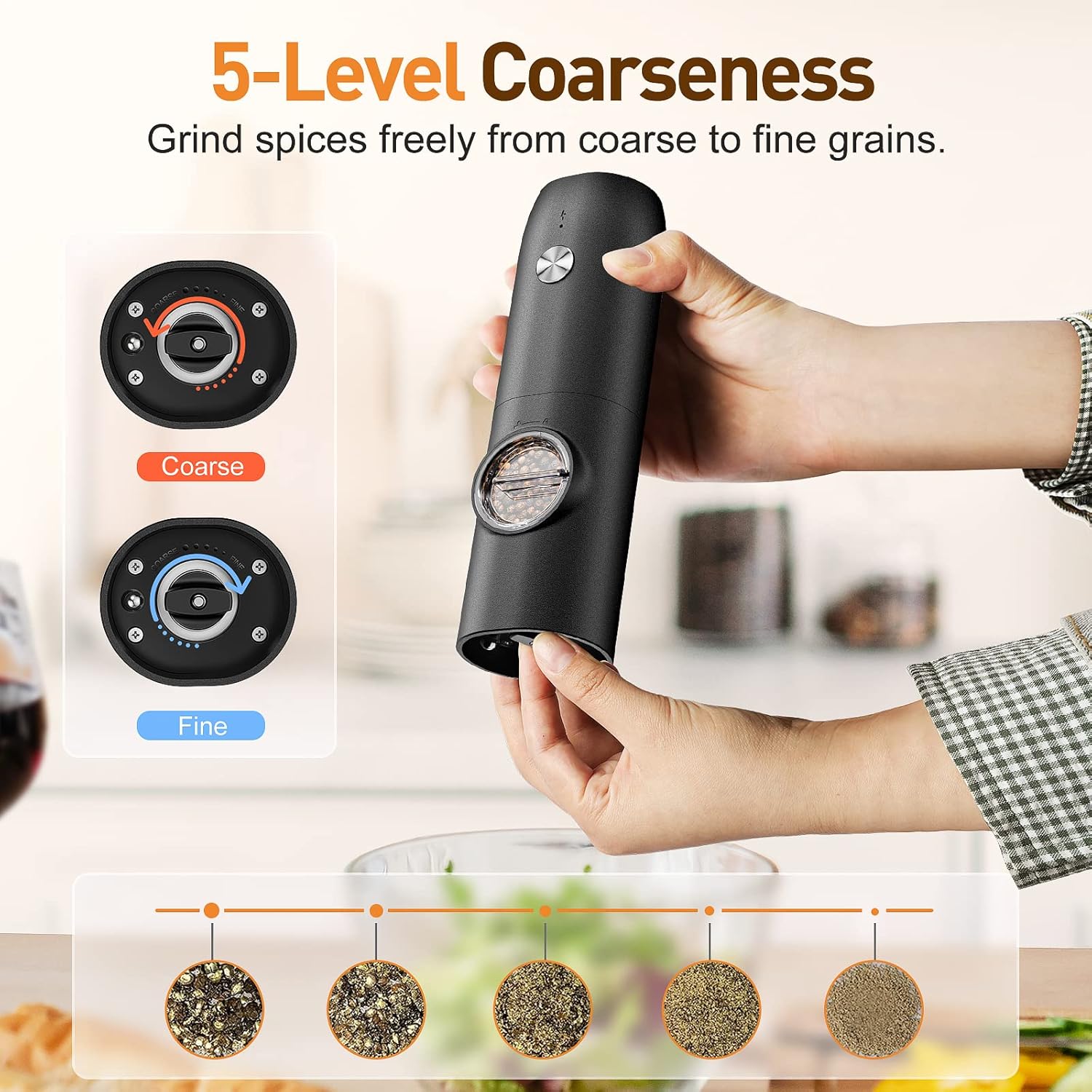 Electric Salt and Pepper Grinder Set-Rechargeable Automatic Pepper Mill Grinder with LED Home Gifts for Women, USB Adjustable Coarseness shakers, One-Hand Operation for Kitchen Appliances