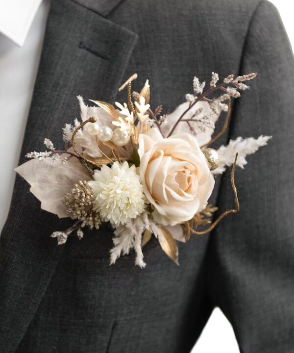 Ling's moment Pocket Boutonniere Single, Boutonniere for Men Groom for Wedding, Prom, Homecoming, Anniversary, Graduation, etc.White Beige, 6" W x 5" H