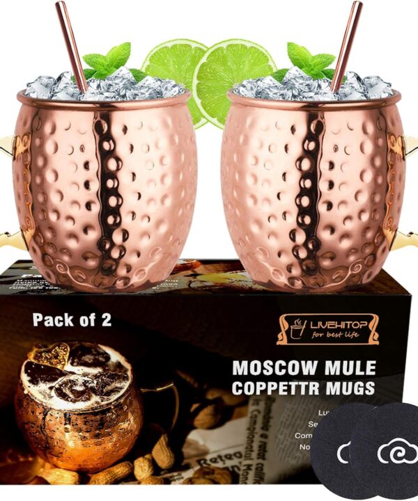 LIVEHITOP Moscow Mule Copper Mugs Set of 2, Copper Cups 19.5 Oz Cocktail Kit with Straw Coaster for Wine, Beer, Cold Drink, Bar, Party, Gifts