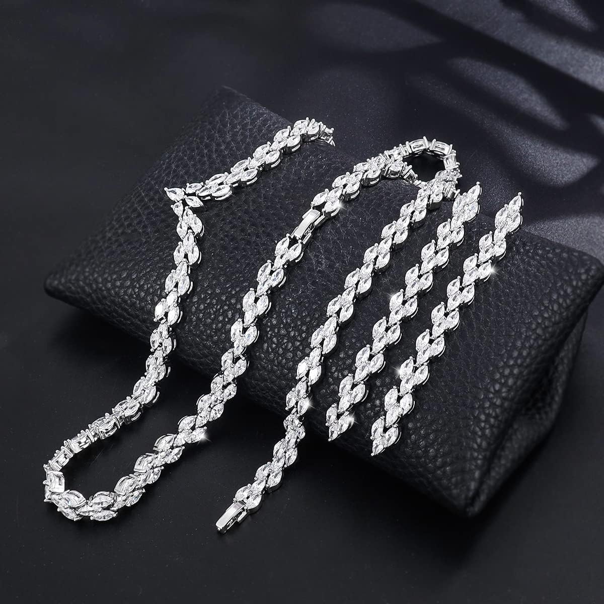 White Gold Plated Cubic Zirconia CZ Marquise Bridal Necklace Drop Dangle Earrings Bracelet set for Women Wedding Brides