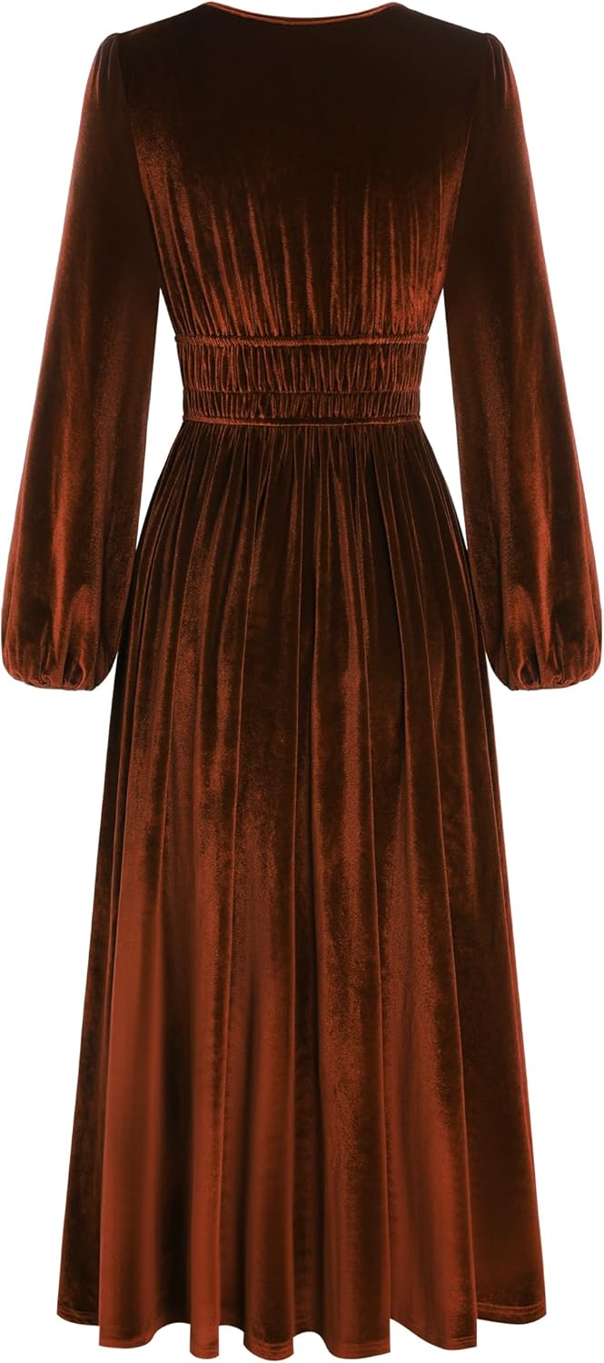 ZAFUL Womens Long Sleeve Velvet Dress 2025 Fall V Neck Holiday Cocktail Party Semi Formal Midi Dresses for Wedding Guest