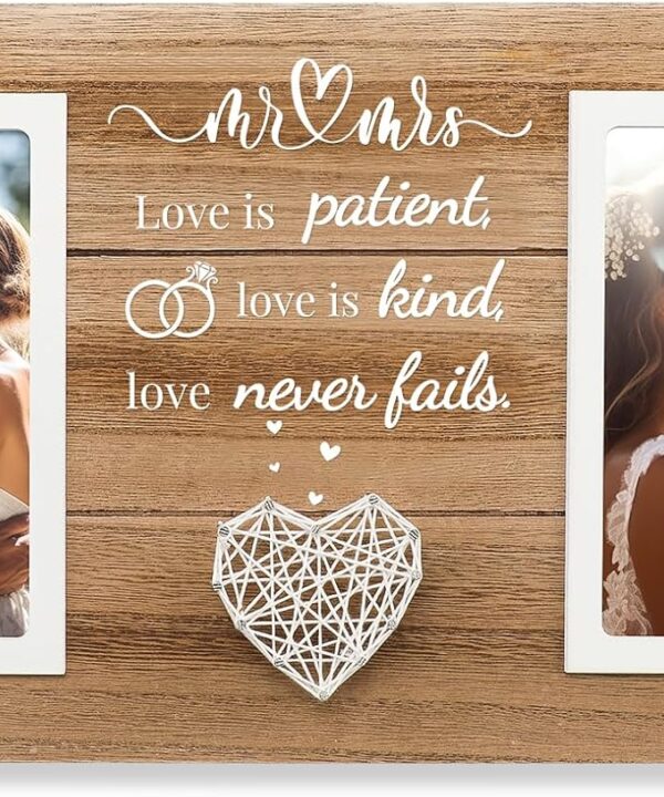 Wedding Gifts 2026, Bridal Shower Gifts for Bride to Be, Wedding Picture Frame for Couple - Double 4x6 Pictures Frame - Wooden Couples Newlyweds Picture Frame with Heart Mr& Mrs Present