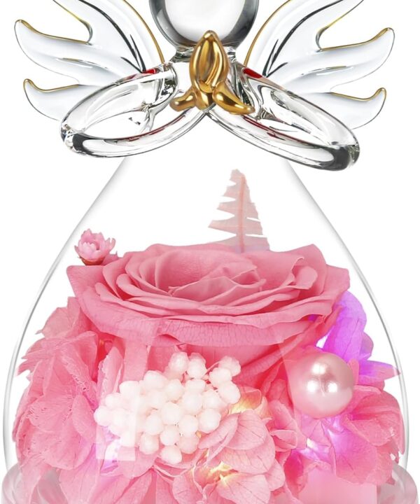 Valentines Day Rose Gifts for Her,Fresh Flowers for Delivery,Birthday Gifts for Women Mom,Preserved Flowers in Glass Angel Figurine,Mothers Day Rose Gift for Mom Grandma,Light Up Pink Gift Valentine