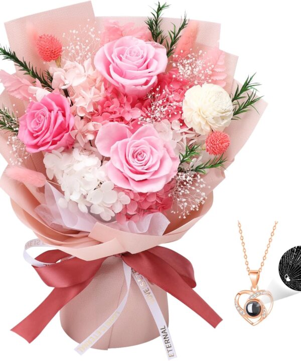 Casaido Preserved Flowers for Delivery, Pink Flower Bouquets with Necklace, Forever Real Roses Anniversary Birthday Gifts for Women Mom Wife Girlfriend, Fresh Flowers for Valentines Day Christmas