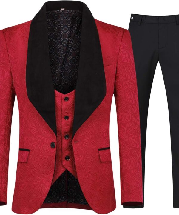 YFFUSHI Men's 3 Piece Suit Slim Fit Jacquard Tuxedo 1 Button Shawl Collar Blazer Vest & Pants for Wedding Formal Prom
