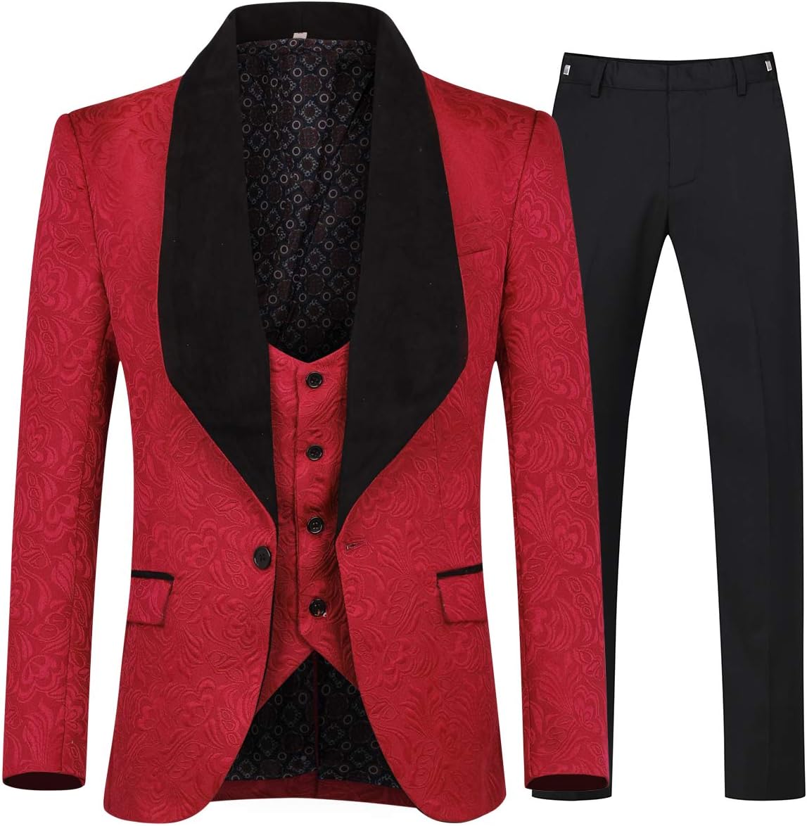 YFFUSHI Men's 3 Piece Suit Slim Fit Jacquard Tuxedo 1 Button Shawl Collar Blazer Vest & Pants for Wedding Formal Prom