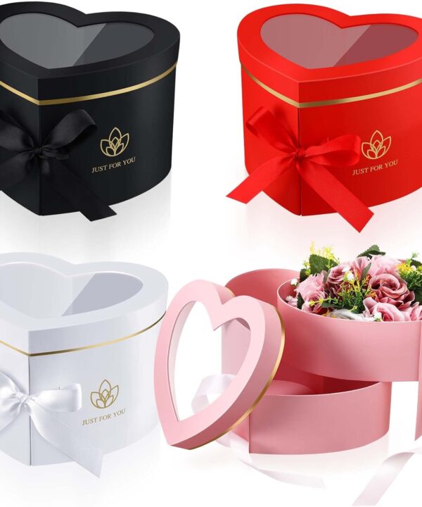 Gueevin 4 Pcs Heart Shaped Boxes for Flowers Floral Boxes with Lids Valentine Gifts Mother's Day Paper Double Layer Rotating Packaging for Luxury Style Flower Gift(Multicolor)