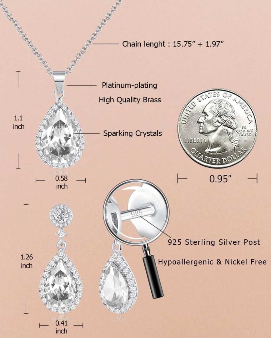 Jewelry Sets For Women 925 Sterling Silver Post Teardrop Dangle Stud Earrings Necklace Set Crystal Rhinestone Wedding Prom Costume Jewelry for Women