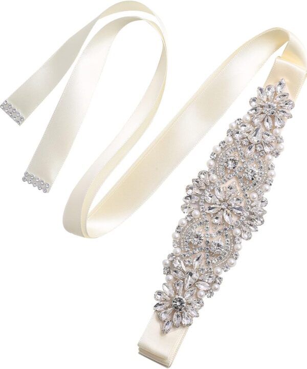 Crystal Bridal Belt for Wedding Gown, Wedding Dress Belts with Rhinestones and Pearls for Women