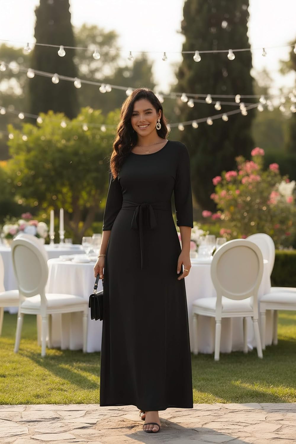 FANDEE Maxi Dress for Women 2026, Long Casual Empire Waist Dresses 3/4 Sleeve Round Neck with Belt