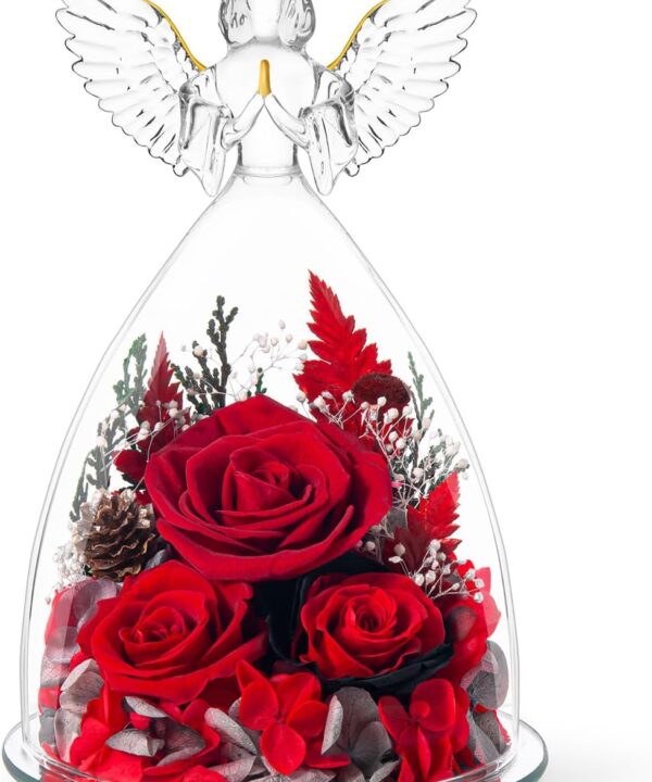 Valentines Day Roses Gifts for Women,Preserved Real Flowers Roses in Glass Angel Figurines,Valentines Day Gifts for Women Mom Wife Girlfriend./Red
