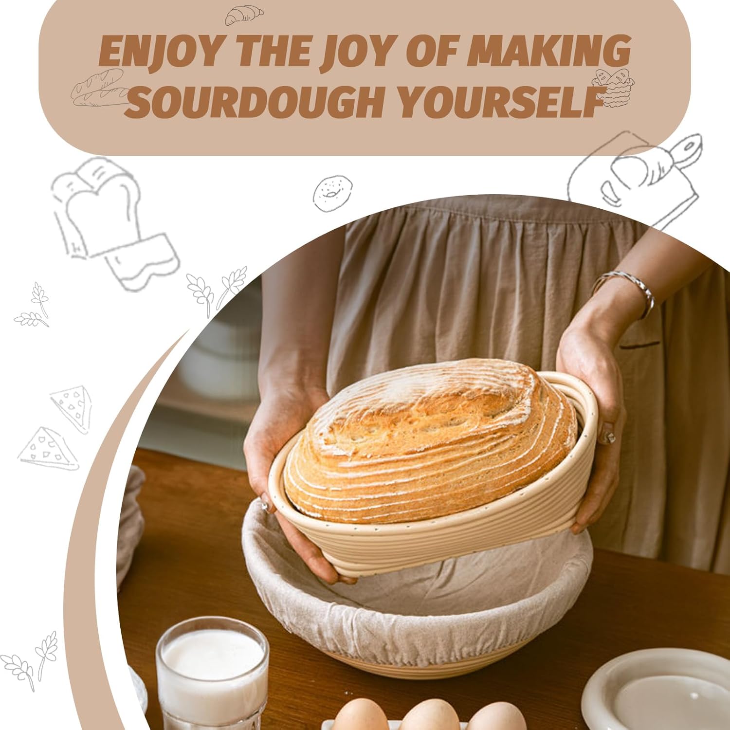 Sourdough Proofing Basket Gift Set, 9 Round and 10 Oval Banneton Bread Baking Supplies, Sourdough Baskets with Bread Lame, Danish Whish, Bowl Scraper, Sourdough Scraper, and Linen Liners