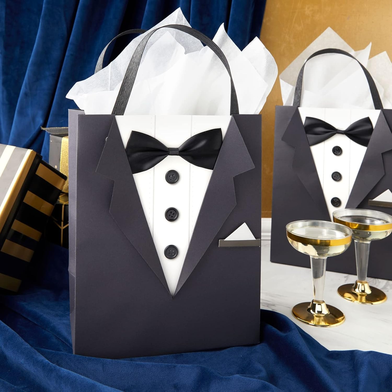 Sparkle and Bash Groomsmen Gift Bags With 3D Tuxedo Design, Satin Bow Tie & Real Buttons – Black, 6 Pack, 8 x 4.5 x 10 In – Wedding & Bachelor Party – Tuxedo Gift Bags for Men