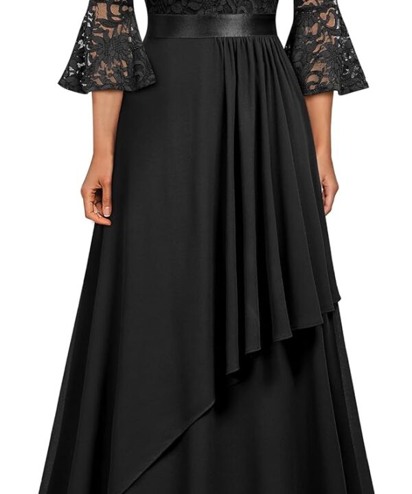 MISSMAY Women's Elegant V-Neck Floral Lace Bell Sleeve Wedding Party Maxi Dress