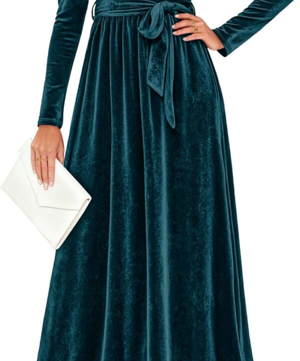 ZESICA Women's Velvet Maxi Dress Fall 2026 Long Puff Sleeve Crew Neck Elastic High Waist Cocktail Party Bridesmaid Dresses