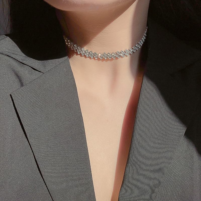 Ronglry Rhinestone Choker Necklace for Women Silver Diamond Choker Necklaces for Women Sparkly Crystal Rhinestone Necklace for Women Silver Chokers for Women Party Prom Wedding Jewelry Accessories