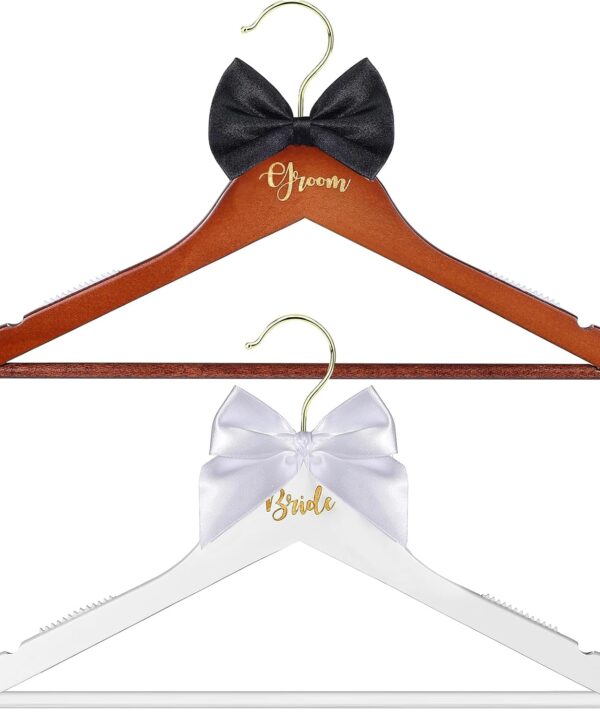 2 Pack Bride and Groom Wedding Hanger Set, Bridal Wedding Dress Hanger with Bow Tie for Wedding Gift Bridal Party & Shower