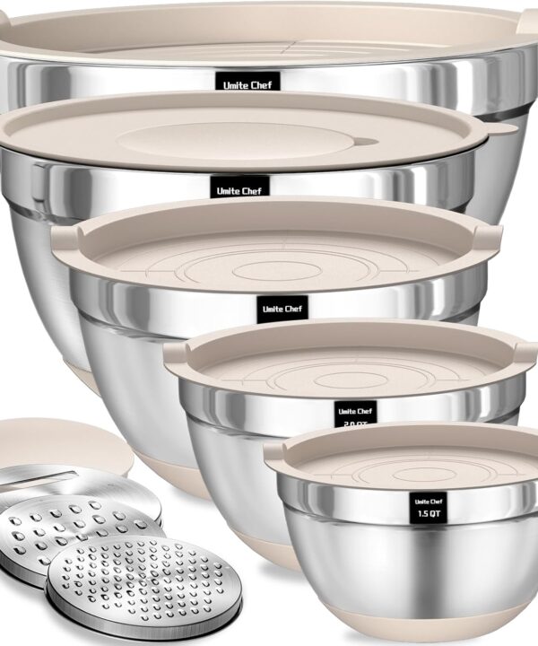 Umite Chef Mixing Bowls with Airtight Lids Set, 8PCS Stainless Steel Khaki Nesting Bowls with Grater Attachments, Kitchen Bowls with Non-Slip Bottoms, Size 5, 4, 3.5, 2, 1.5QT for Mixing & Serving