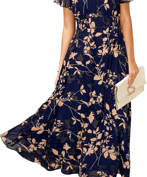 Simplee Womens Floral Maxi Dress Short Sleeve Summer Boho Wedding Guest Dress Empire Waist Chiffon Modest Midi Dresses