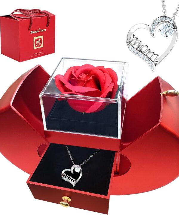 Preserved Red Rose with Necklace Romantic Gift for Mom, Grandma, Friends - Birthday, Anniversary Keepsake