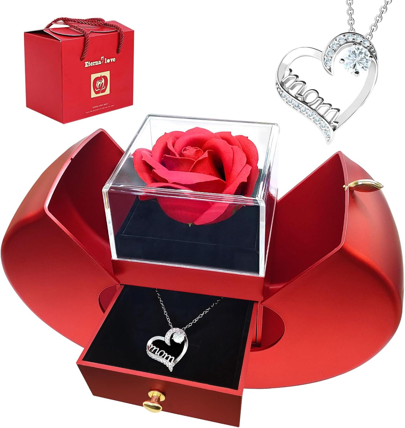 Preserved Red Rose with Necklace Romantic Gift for Mom, Grandma, Friends - Birthday, Anniversary Keepsake