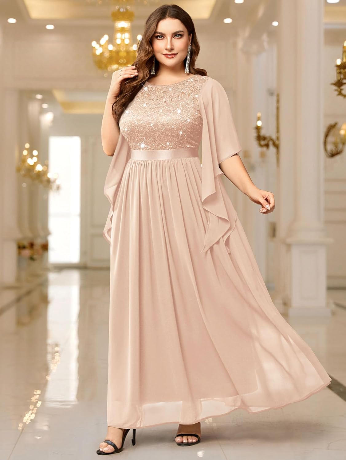 Miusol Womens Plus Size Sequin Lace with Ruffle Cape Cloak Sleeves Elegant Evening Gown Wedding Guest Maxi Dress