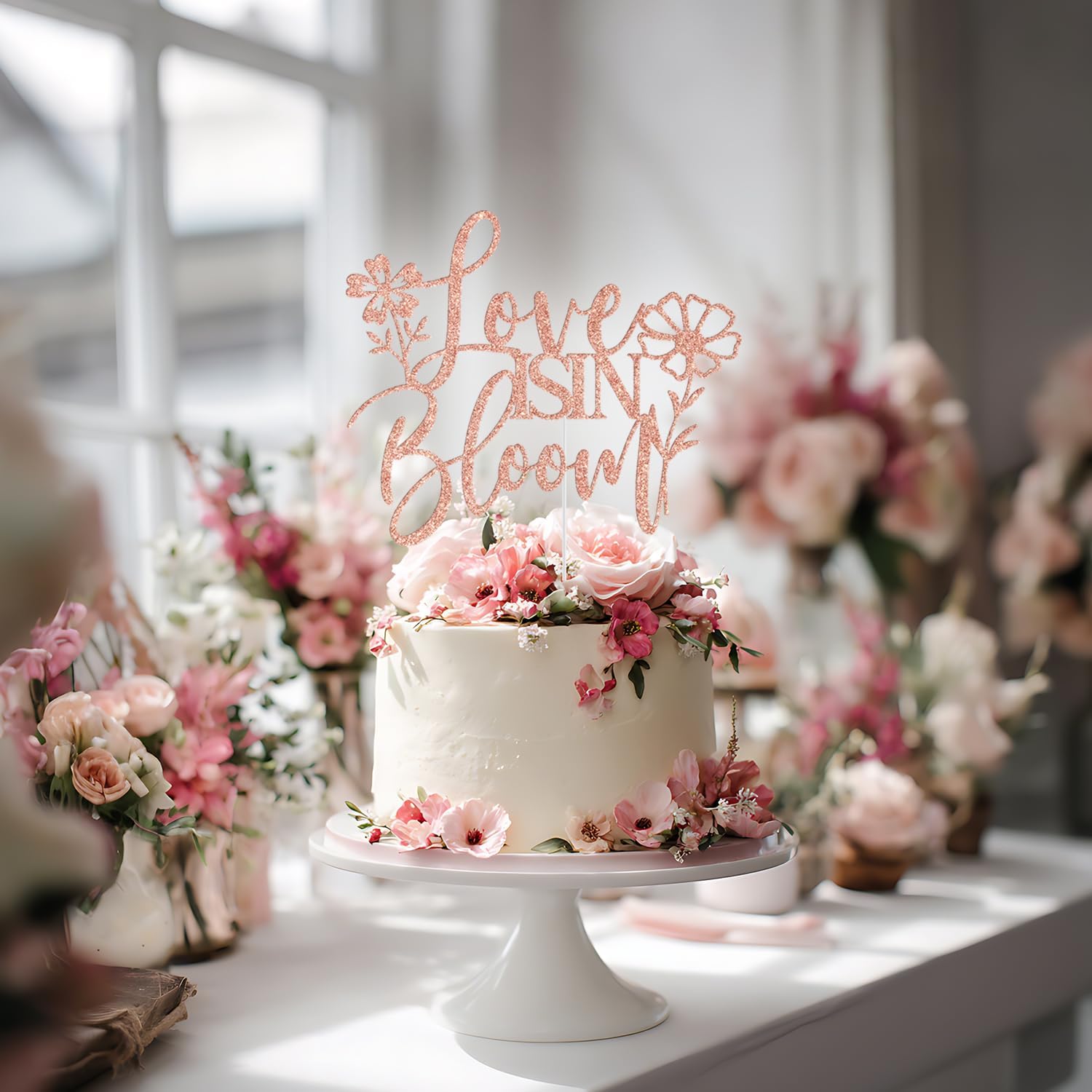 Love is in Bloom Cake Topper, Floral Bridal Shower Cake Decorations, Wildflower Floral Flower Themed Wedding Engagement Bachelorette Party Decorations, Rose Gold Glitter