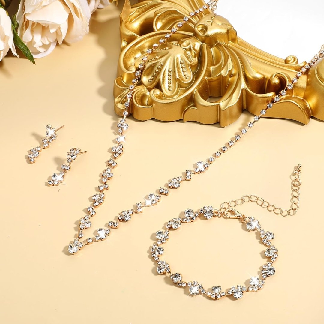 Jewelry for Prom,Silver Necklace for Women Prom, Rhinestone Crystal Necklace Bracelet Earrings Set, Silver Accessories for Women Jewelry for Wedding Party