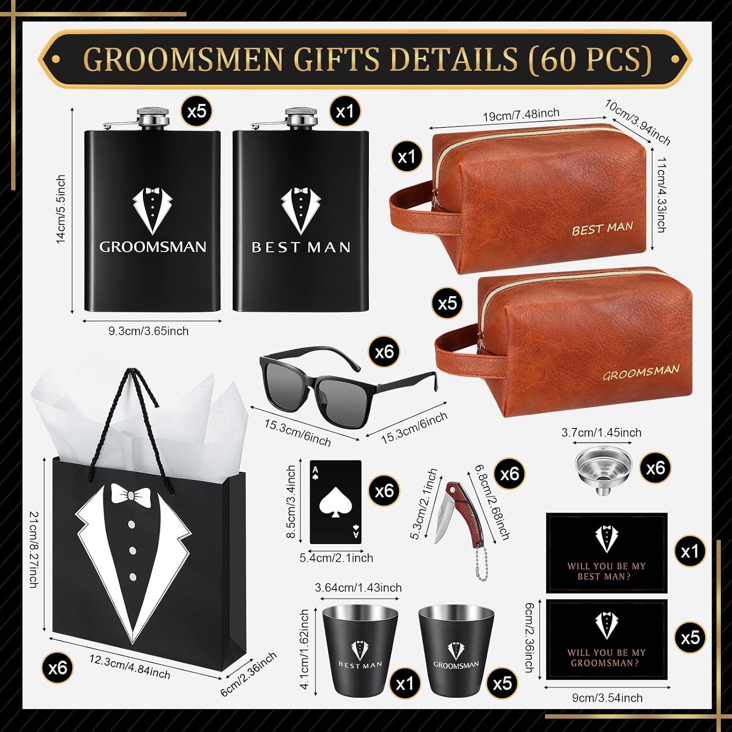 60Pcs Groomsmen Gifts Set of 6, Groomsmen Proposal Box with Flasks Sunglasses PU Leather Toiletry Bag Bottle Opener for Wedding Groomsman Best Man Gift
