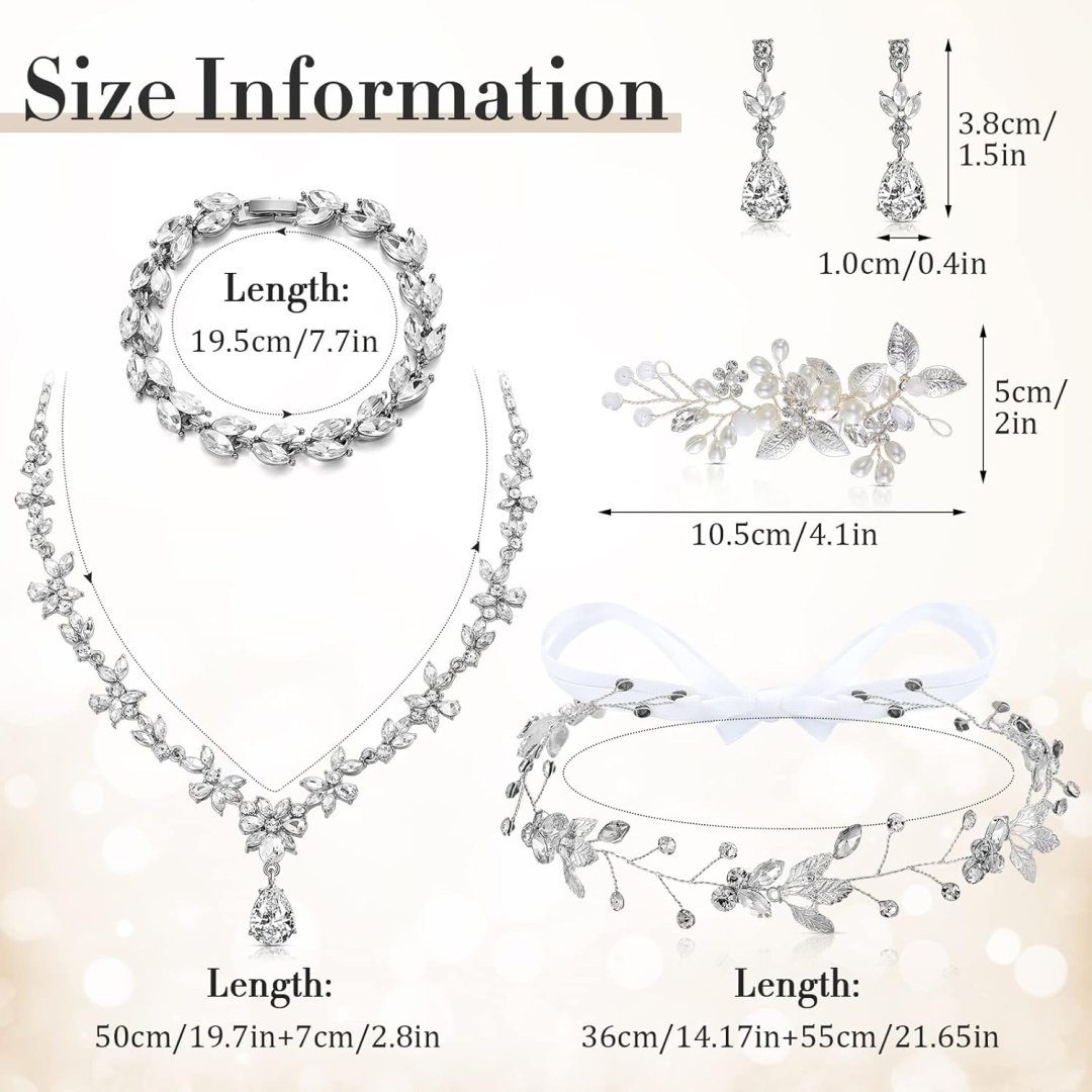 Henoyso 5 Pcs Bride Jewelry Set Rhinestone Necklace Earrings Bracelet Headpieces Sets for Wedding Bridal Party Prom Costume